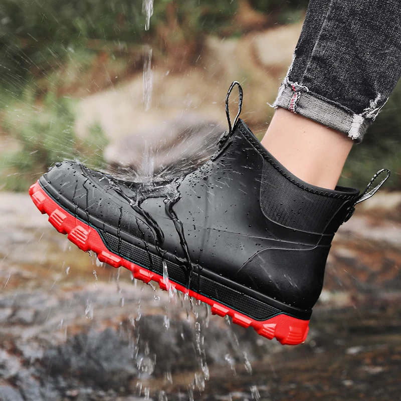 

New Couple Short Tube Rain Boots Color Contrast Black Red Waterproof Anti-Slip Work Rubber Shoes Outdoor Fishing Water Boots