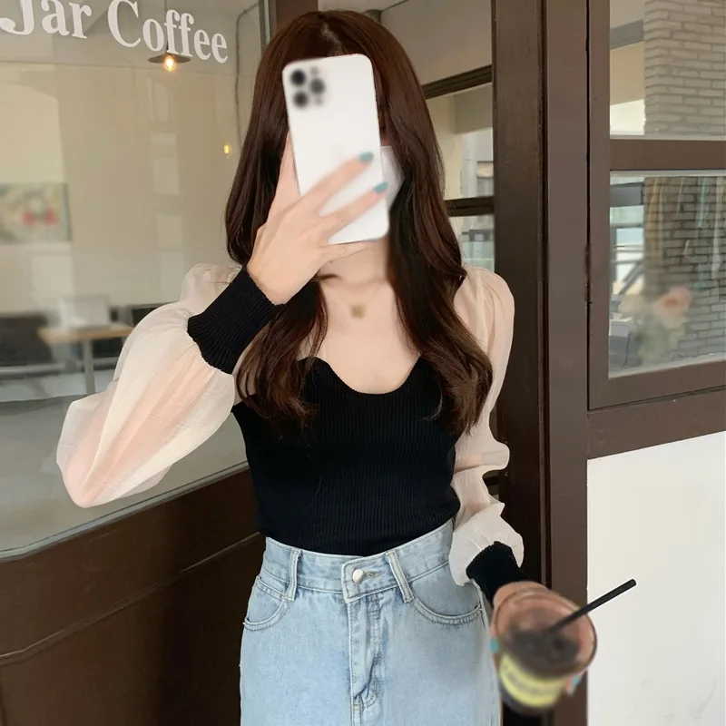 Puff Long Sleeves Blouse Women Square Neck T Shirt Chic Slim Fit Crop Top Sweet And Spicy Versatile Elegant All-Match Summer