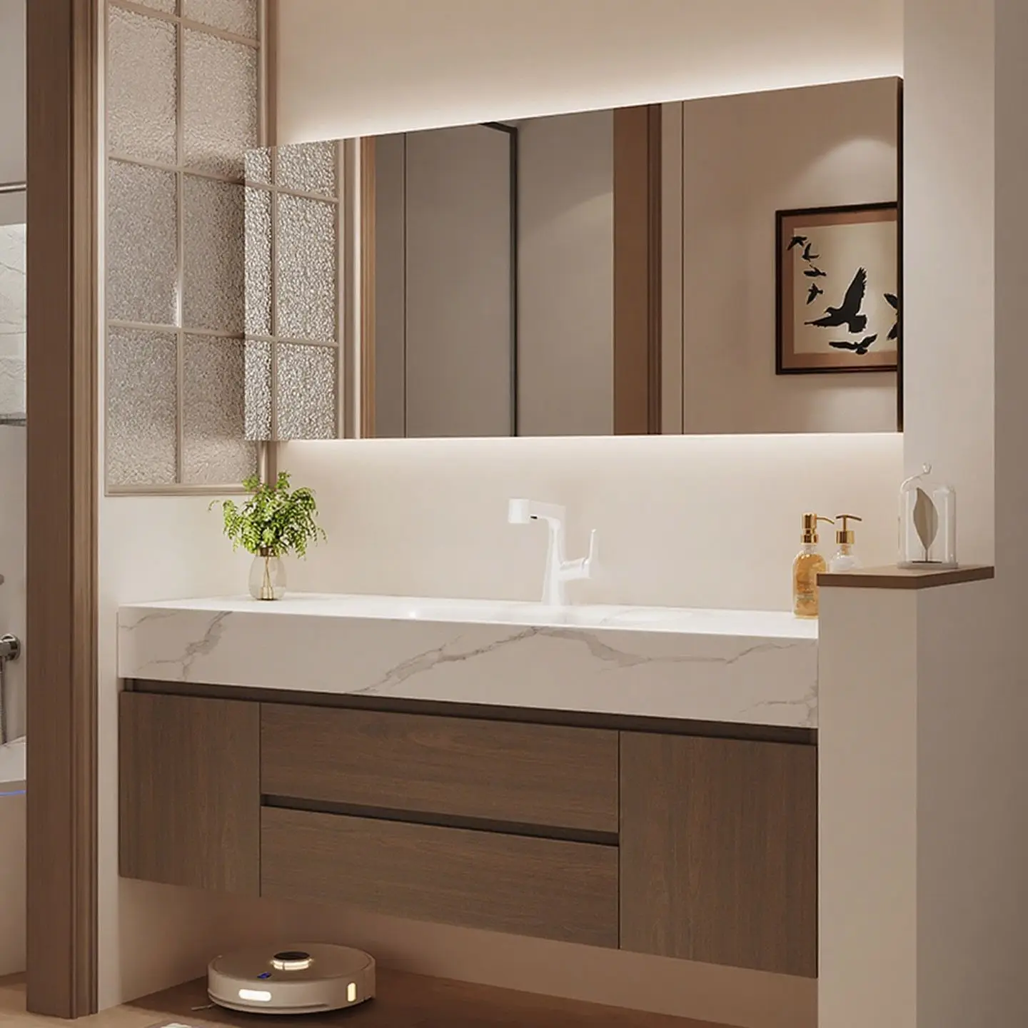 Medieval style bathroom cabinet walnut rock slab hot bending integrated basin combination bathroom washbasin washbasin