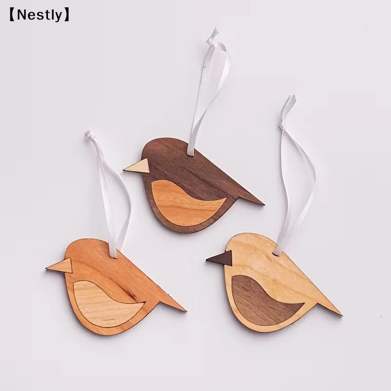1/3pcs Wooden Bird Hanging Decorations Artificial Wood Home Decor Vintage Style Hanging With Rope Design Pendant Bohemian〔Nest〕