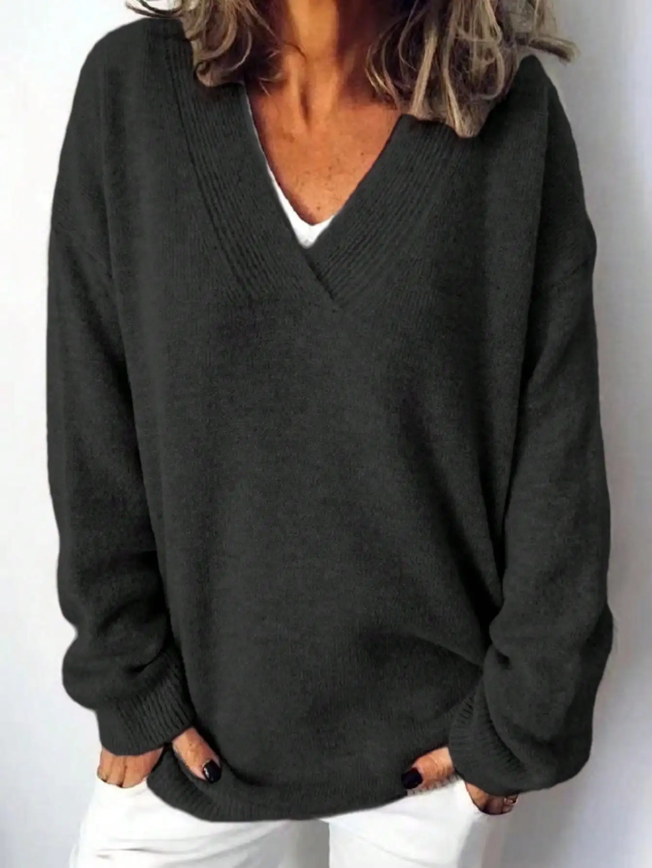 Herbst Winter Täglicher Casual Damen Übergröße V-Ausschnitt Langarm Pullover – Detail 12