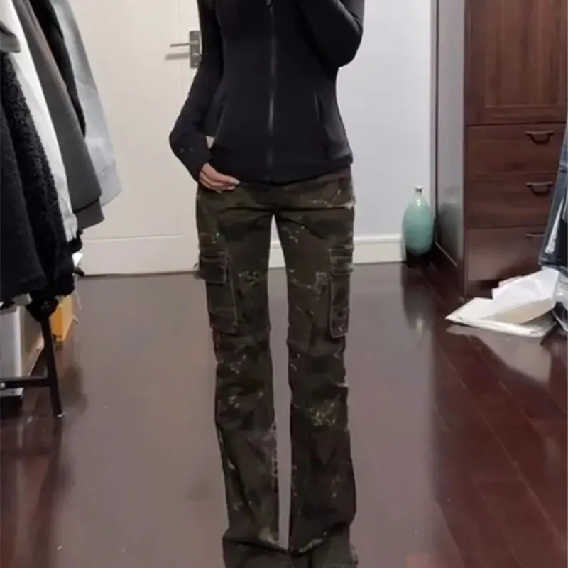 

New Large Size American Retro Low Waist Camouflage Jeans Women's Autumn And Winter Loose Slim Tooling Pants