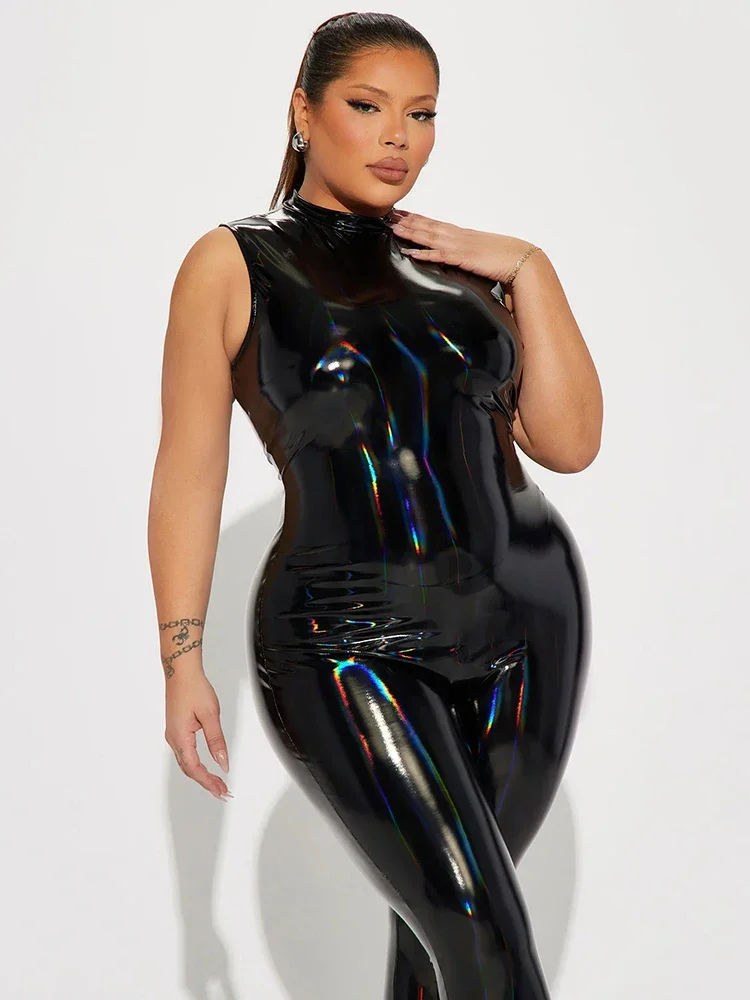Shiny Faux Leather Women Jumpsuits Gothic Sleeveless Bodycon Colorful Leather Rompers Ladies Sexy Dance Pole PU Clubwear Custom