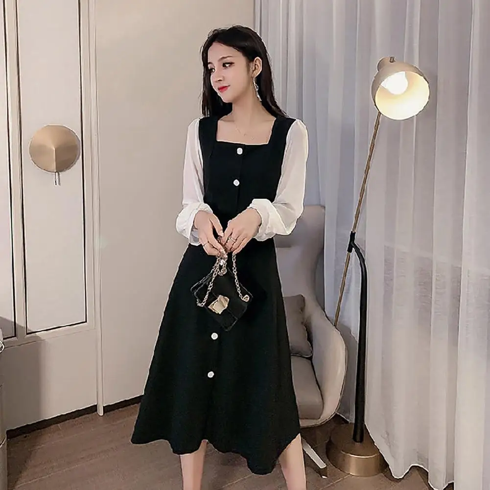 

Women Long-sleeve Midi Dress Elegant Square Neck Midi Dress with Button Decor Mesh Patchwork Women's A-line Loose Fit for Spring