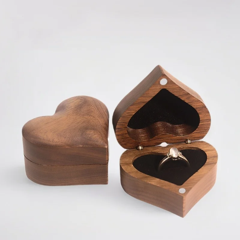

Heart Shaped Black Walnut Ring Box Solid Wood Engagement Ring Box Creative Jewelry Box Gifts Packing Wooden Box