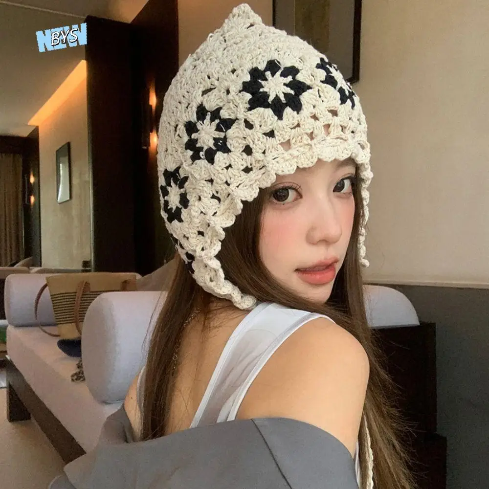 

Retro Crochet Flower Hollow Knitted Hat Hollow Out Bohemian Style Knit Cap Thin Korean Ethnic Style Hat Girls