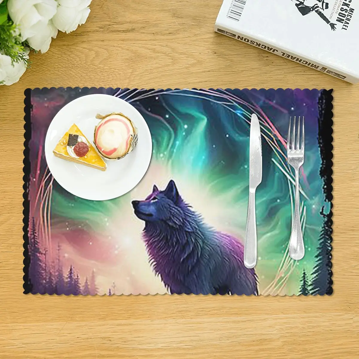 Wolf Northern Light Aurora Borealis Scenery Mountains Rivers Trees Placemat Non-Slip Plate Mat for Bowl Coaster Absorbent Mats