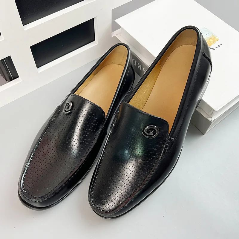 Classic Italian Design Mens Metal Loafers Black Genuine Leather Slip on Dress Shoes for Men Casual Business Formal Driving Shoes