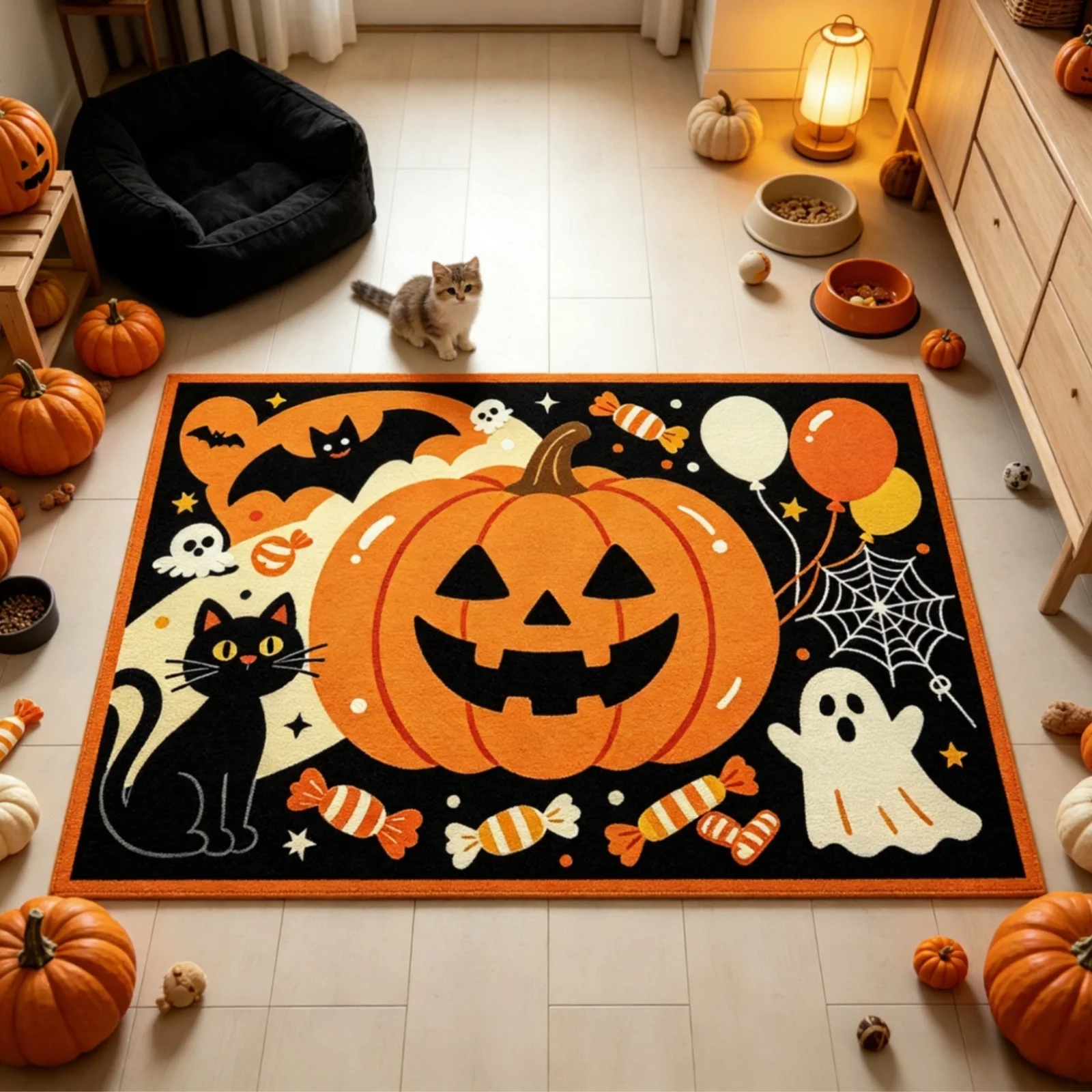 Diagonal Pumpkins Fall Floor Mat Cute Leaf Vine Border Welcome Mats Non Slip Entrance Rug Ground Carpet Bedroom Living Room