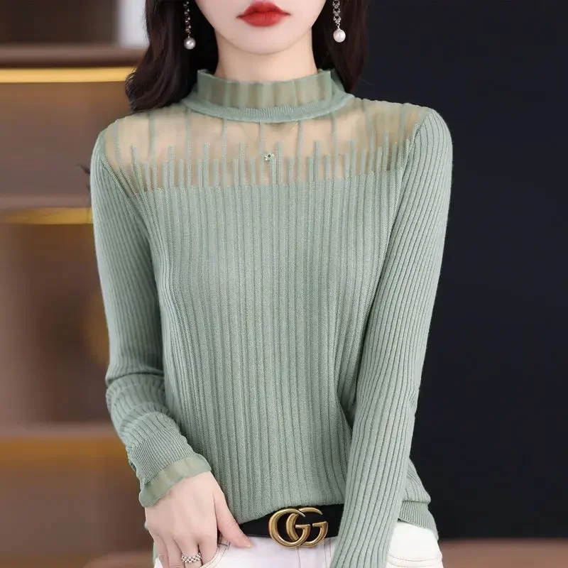 

Spring Ruffles Stand Collar Lace Patchwork Sweaters Ladies Long Sleeve Elegant Fashion All-match Bottoming Pullover Tops E337