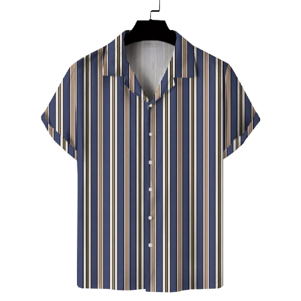 New Men's Striped Short Sleeved Lapel Shirt, Fashionable and Personalized Hawaiian Shirt, Summer Versatile Top