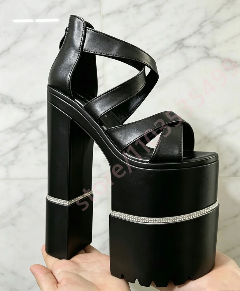 2026 Sommer Neue Weiße Strass-Plateau-Sandalen für Damen, Super Hohe Blockabsatz-Schuhe mit Kreuzriemen und Schnalle, Party- und Abendkleider-Absätze