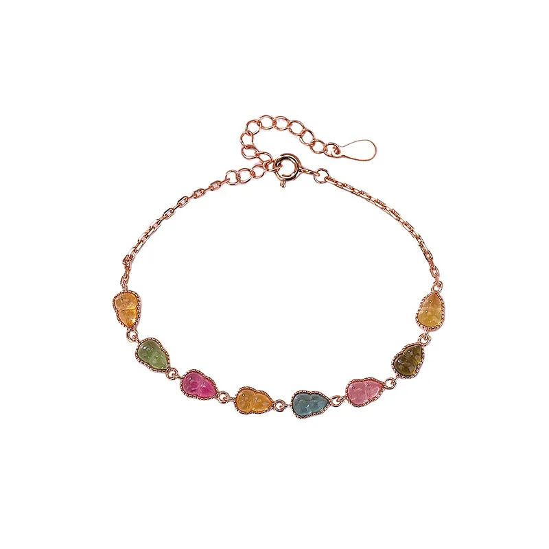 Amxiu Sterling Silver 925 Handmade Colorful Tourmaline  Rose Gold Plated Candy Color Gourd Tooth Pattern Silver Bracelet