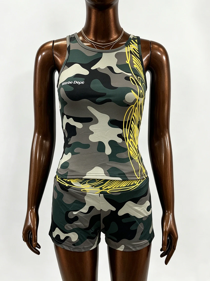 Y2K Streetwear Letter Classic Sleeveless U-neck Printed Women Vest American Retro Harajuku Aesthetics Slim Spicy Girl Shorts Set