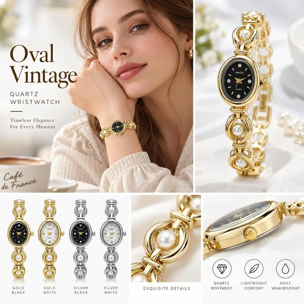 Elegant Oval Dial Women's Watch Analog Display Pearl Decoration Quartz Watch Small Wristwatch Daily Wear