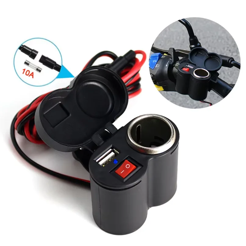 Motorcycle Handlebar Phone Charger Waterproof USB Power Adapter 12V 2.0A with Switch Cigarette Lighter For GPS Navigation DVR
