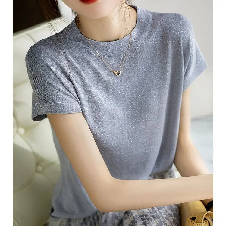 bright silk knit short sleeve women loose ice silk T-shirt summer wear new Korean linen round collar versatile thin jacket