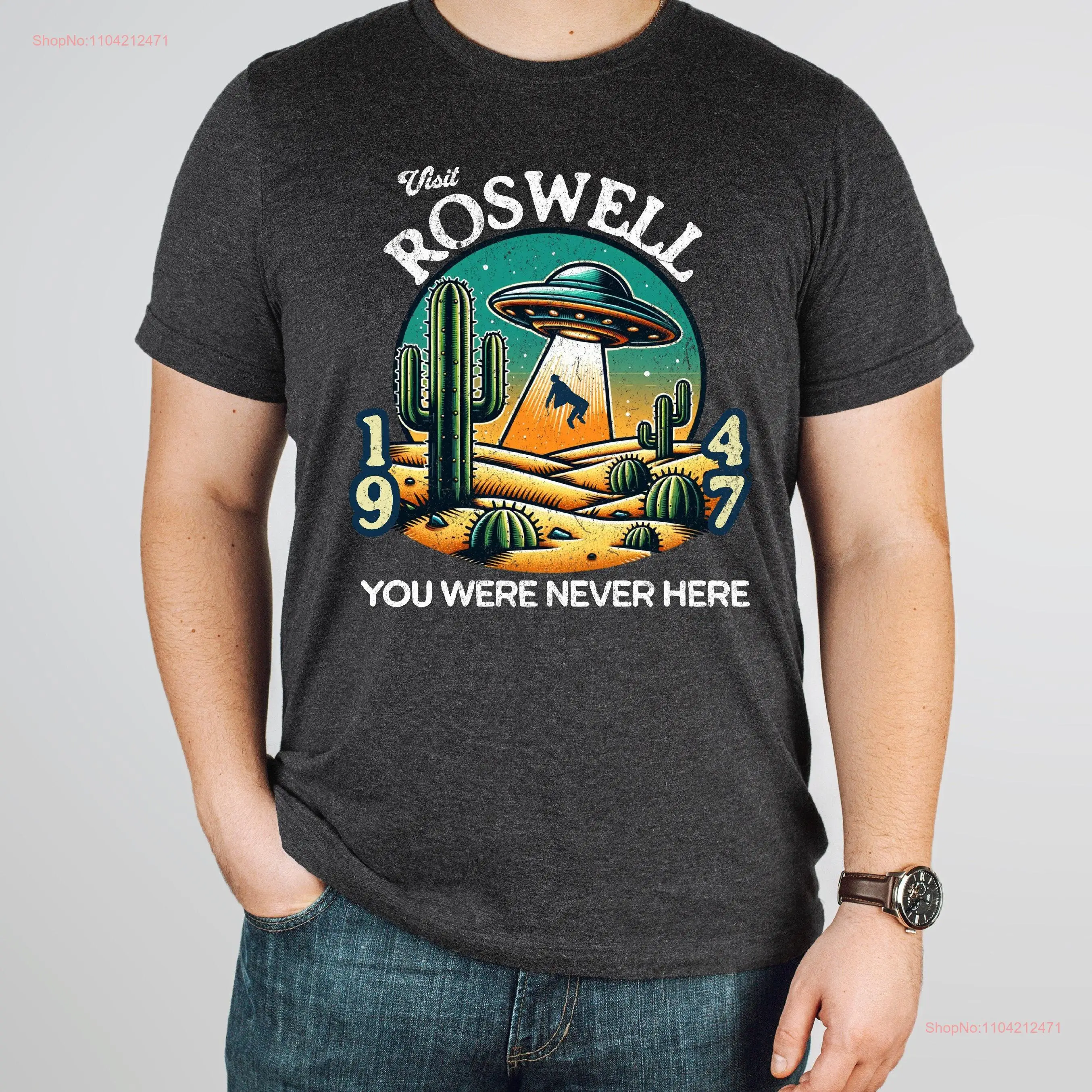 Футболка Visit Roswell с забавным инопланетным папой НЛО в стиле ретро с длинными или короткими рукавами