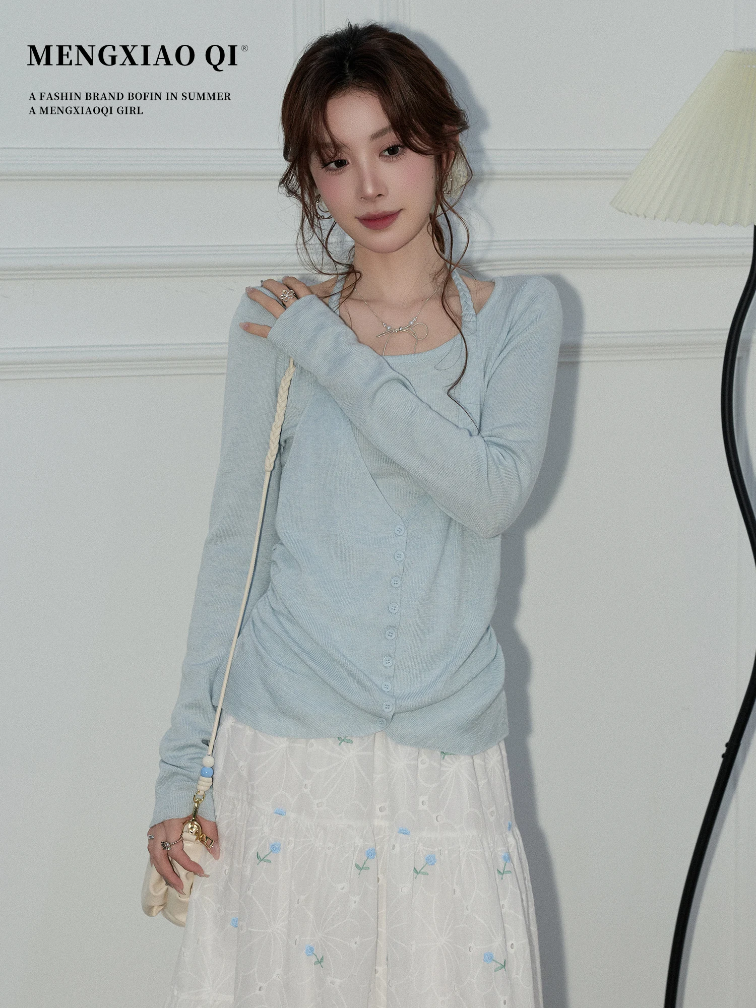 

Blue Pure Desire Sle Long Sve Base Layer Top Women's Early Spring High-End Feeling Inner Wear Knitted irt Mont Xiaolei