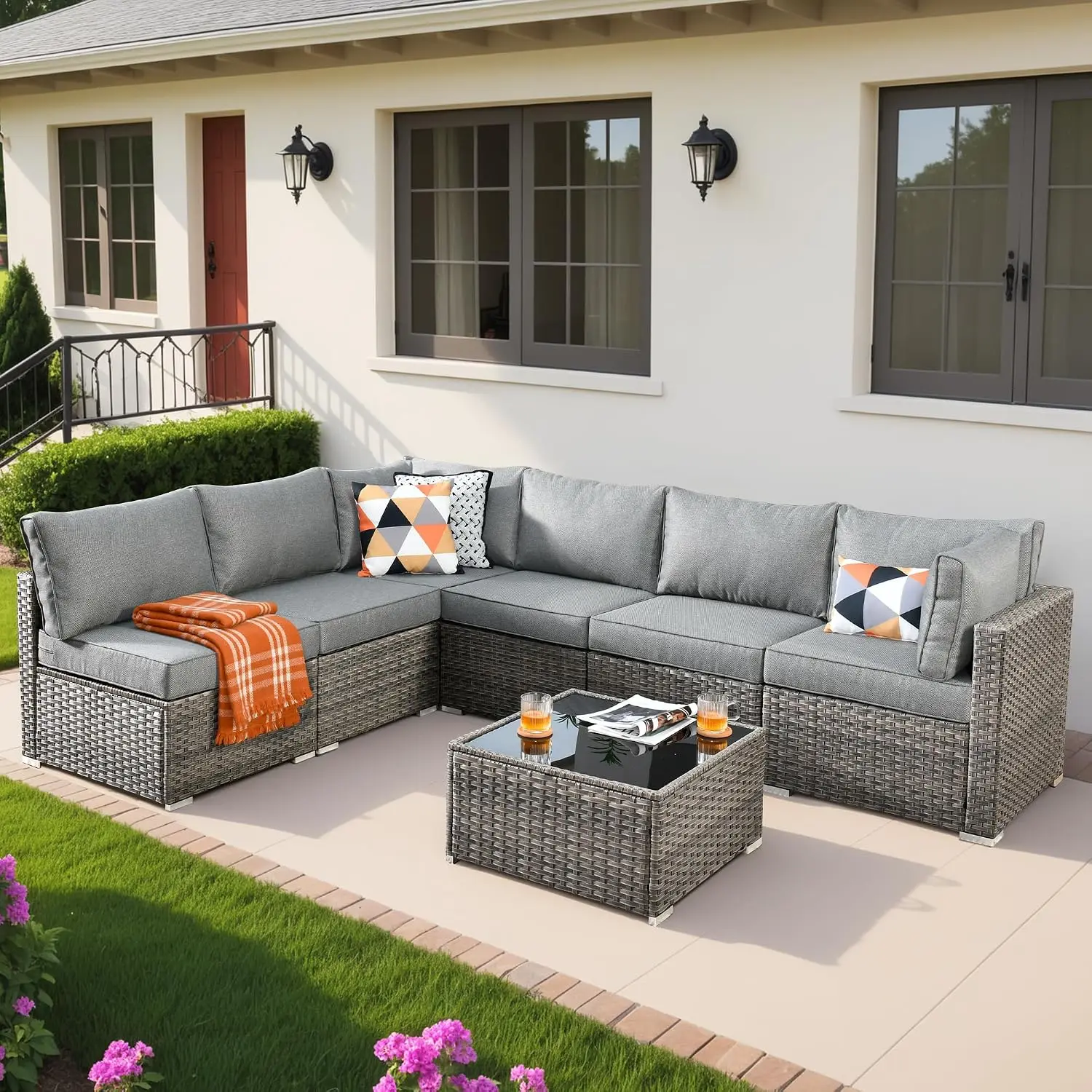 7pc Wicker Patio Sofa Set with Cushion & Glass Table All Weather Rattan Outdoor Furniture for Backyard, Customized