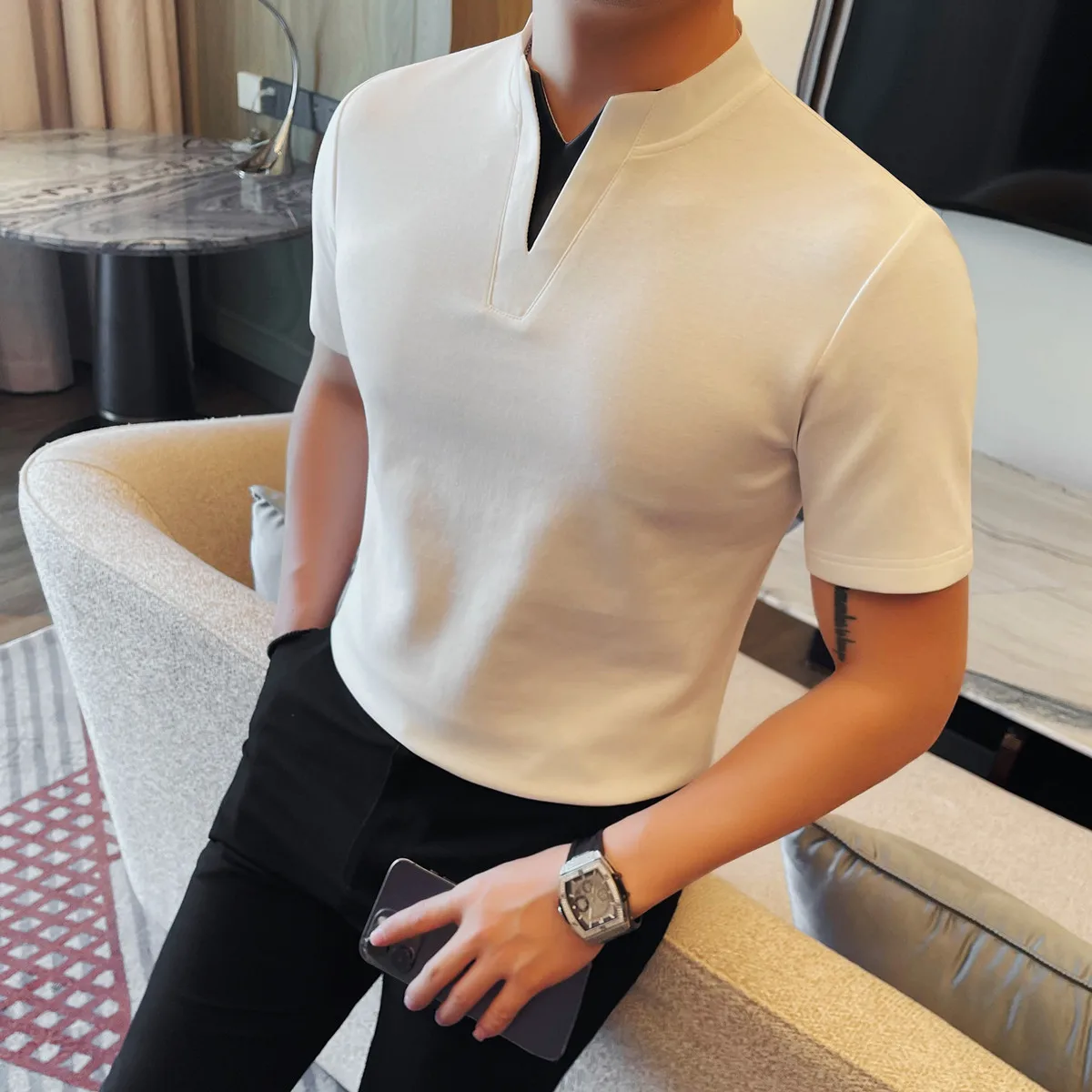 Summer Henry Collar Short Sleeved T-shirt Men's Summer Solid Color Casual T-shirt Slim Fit Business Social Tee Tops Men Clothing