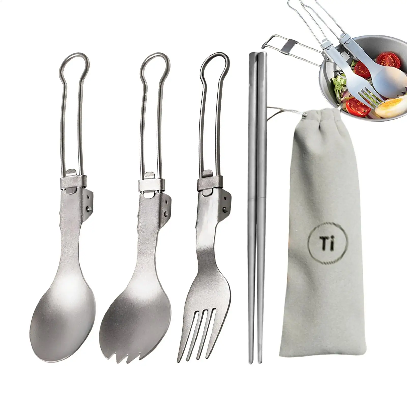 

Набор титановых столовых приборов для путешествий, 4 предмета: ультралегкие и прочные многоразовые приборы для кемпинга, активного отдыха и повседневного использования, экологичный комплект