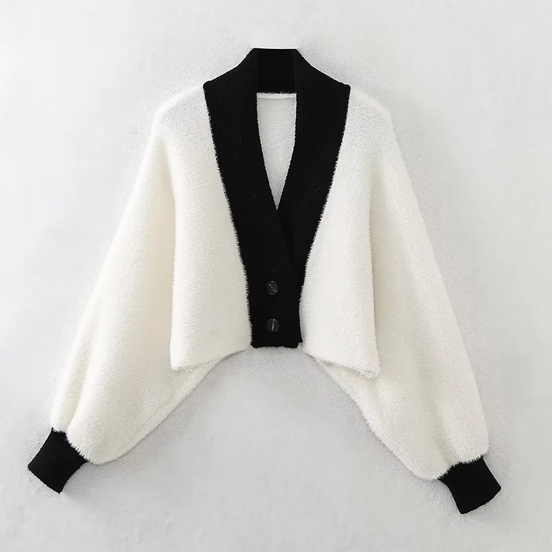 

YENKYE Autumn 2023 Women Contrast Batwing Sleeve Knit Cardigan Vintage Single Breasted Femme Crop Sweater Coat