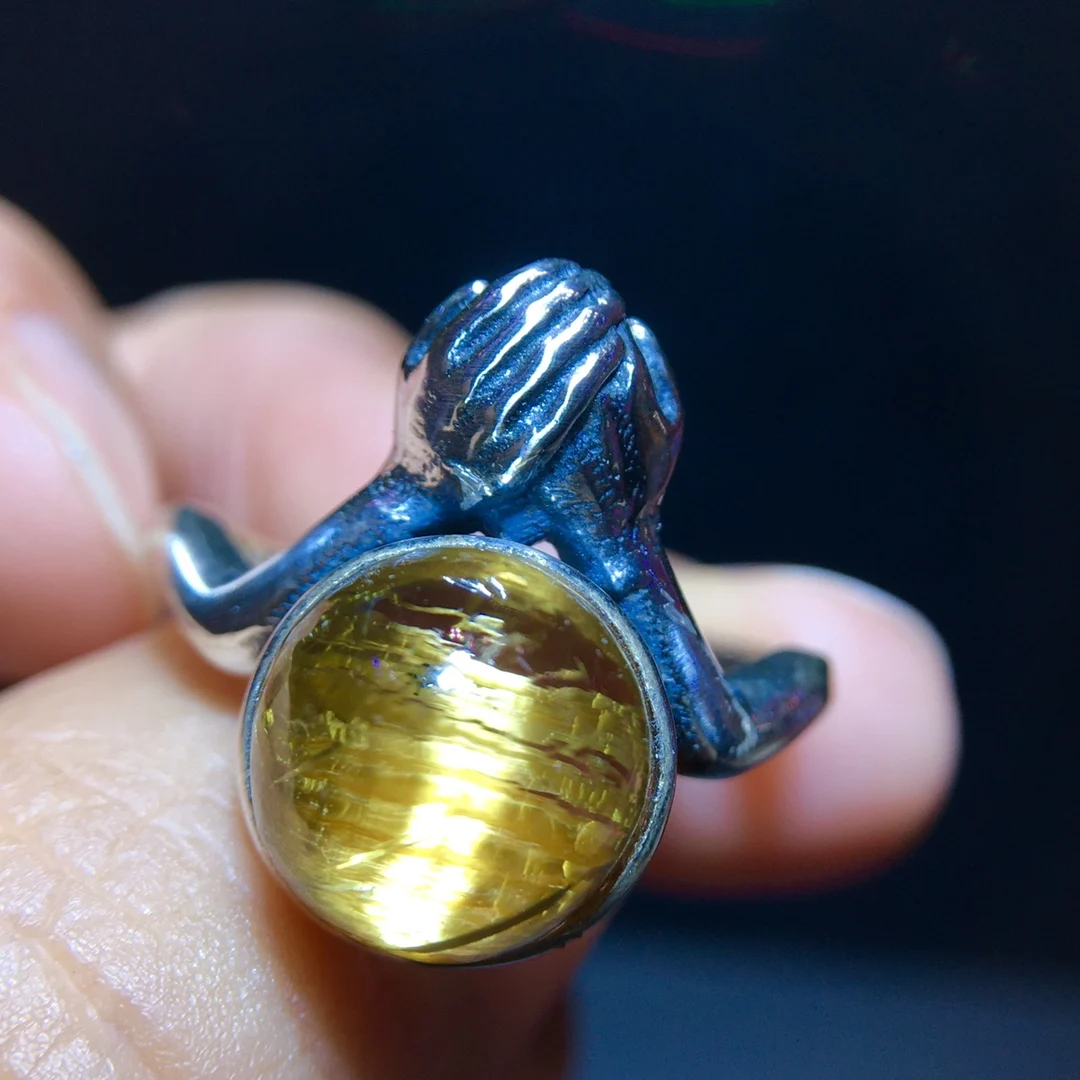 

Natural Gold Rutilated Adjustable Ring Round Women 925 Silver 10.3/10.2mm Gold Rutilated Beads AAAAAA