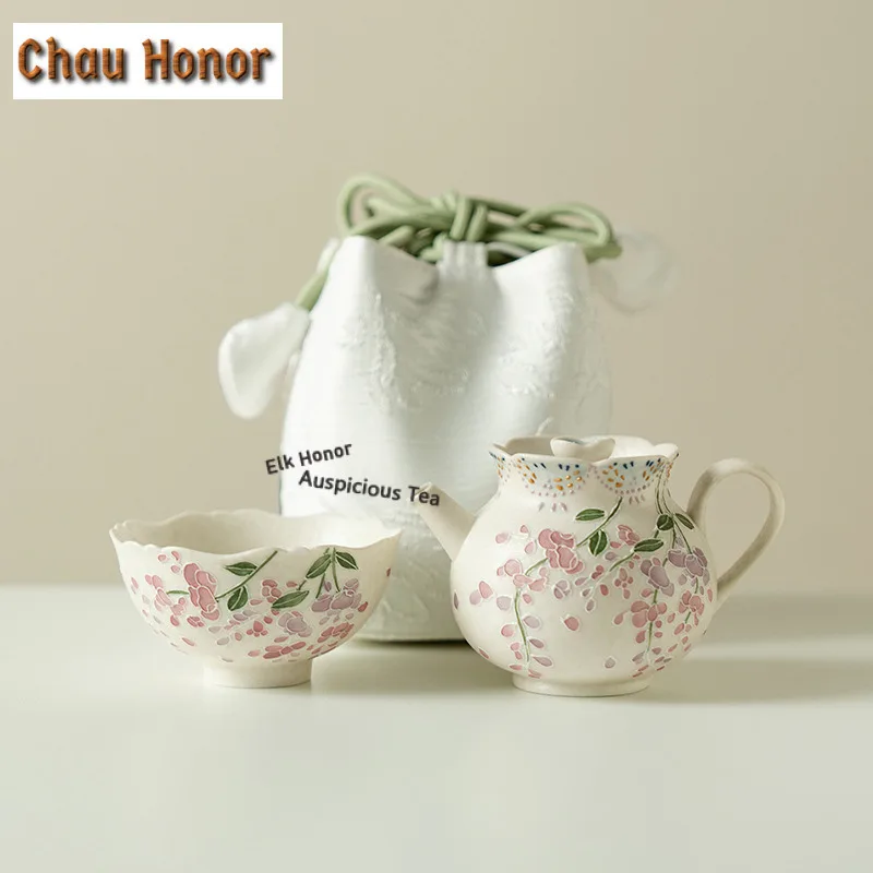 

Hand-painted Wisteria Flowers Travel Tea Set Kit Luxury 1 Pot 1 Cups Tea Maker Organizer Portable Outdoor Handbag Craft Gift