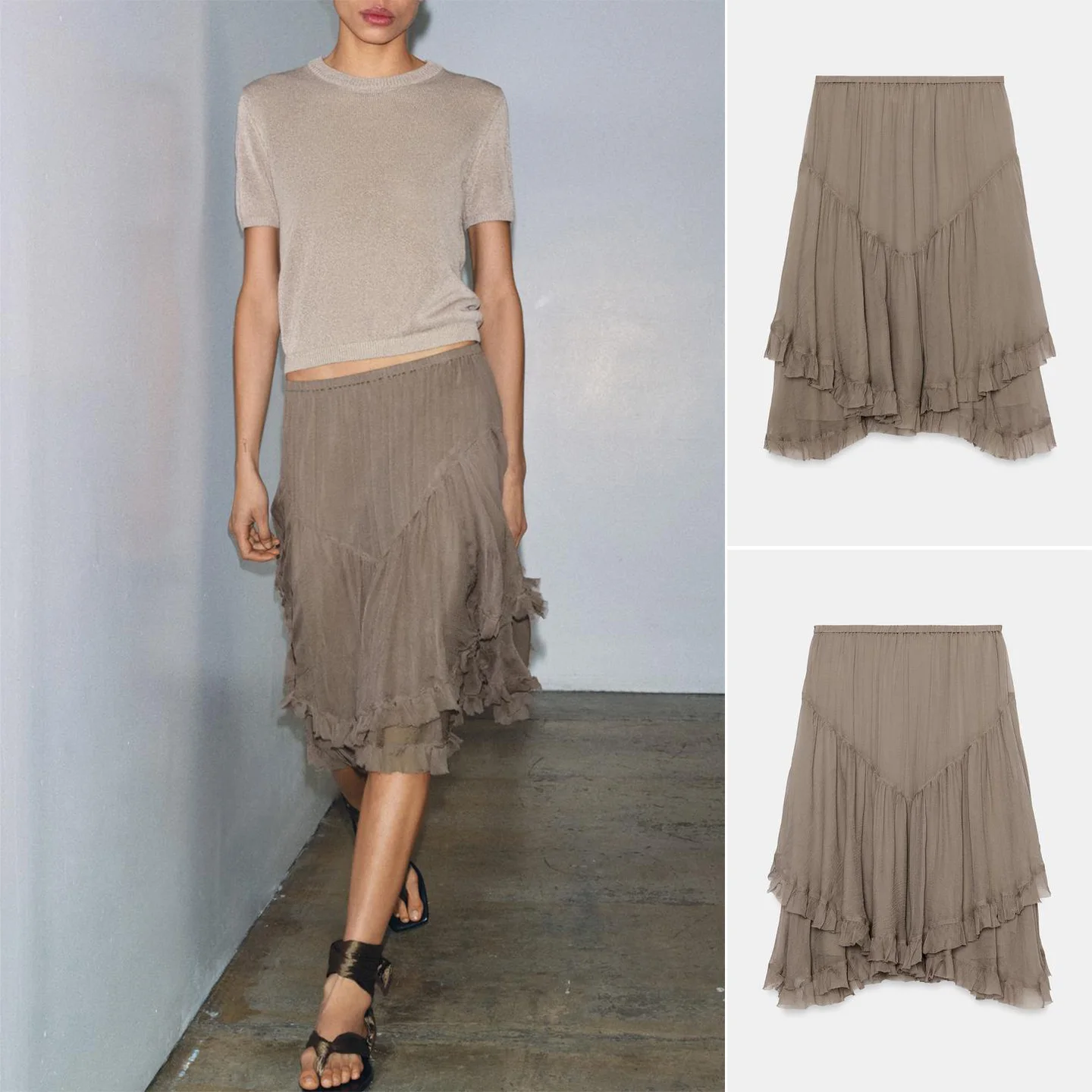 Asymmetrical Hem Midi Skirt Women's mid Waist Layered Decorative New Summer Skirt Standard Fit Polyester Fiber Washed