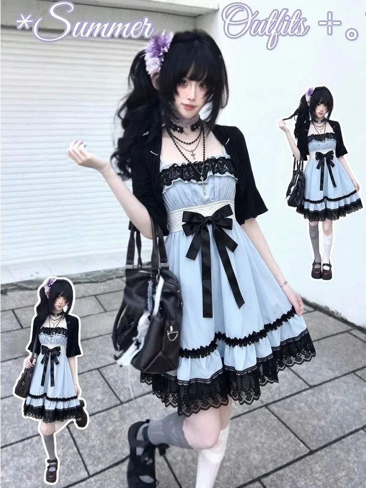 Sweet Japanese Lolita Two Piece Dress Set Lace Patchwork Ruffle Layered Dresses New Kawaii Cute Short Sleeve Summer Outfits 2025
