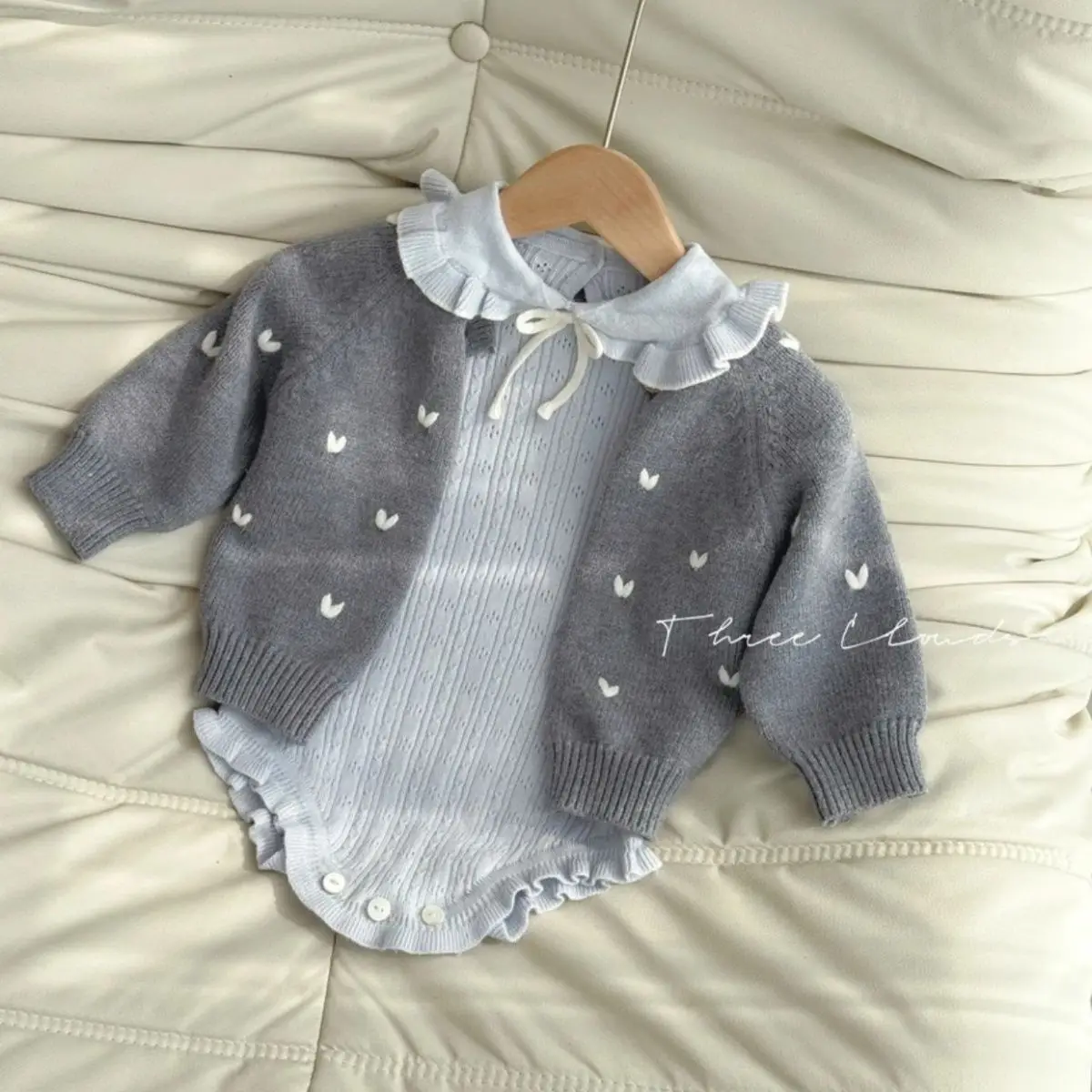 Girl Baby Spring and Autumn Set New Baby Lotus Leaf Collar Knitted Dot Cute Princess Rompers Sweater Coat Two Piece Set