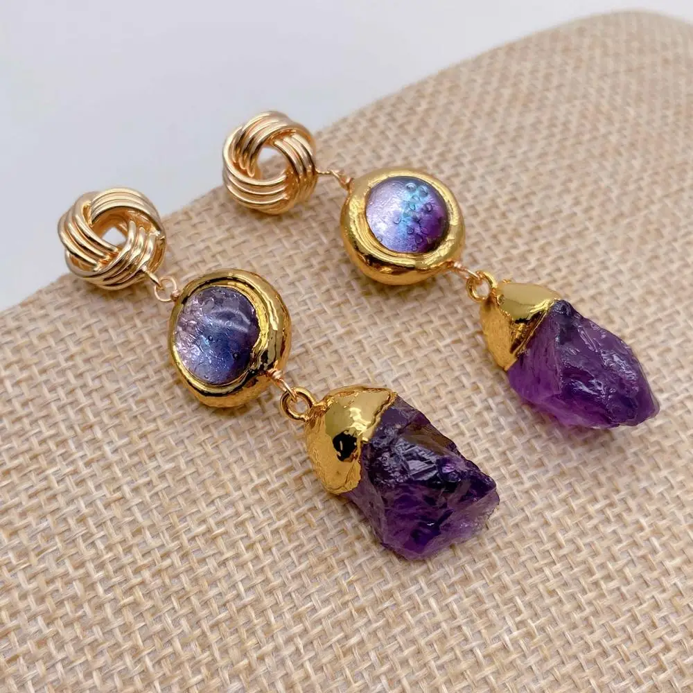 

Y·YING Natural Amethyst Rough Purple Murano Glass Dangle Drop Earrings Jewelry Femme