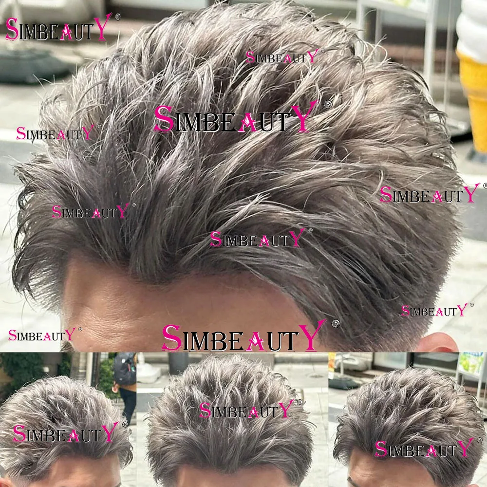 Super Durable Thin Microskin Full Skin Pu 1B40 1B65 1B80  Grey Human Hair Wigs Natural Hairline Mens Toupee Capillary Prosthesis