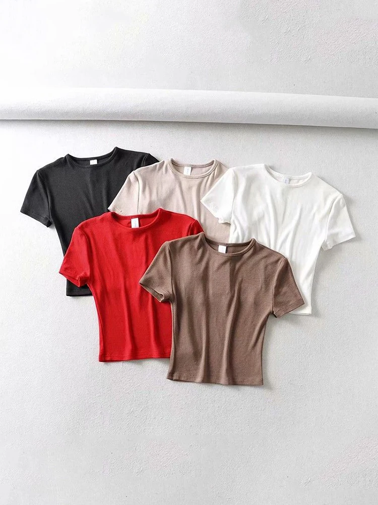 

Fashion Casual 2023 Summer Woman Slim Fit t-shirt tight Cotton Short-Sleeve O-neck tee Crop Tops