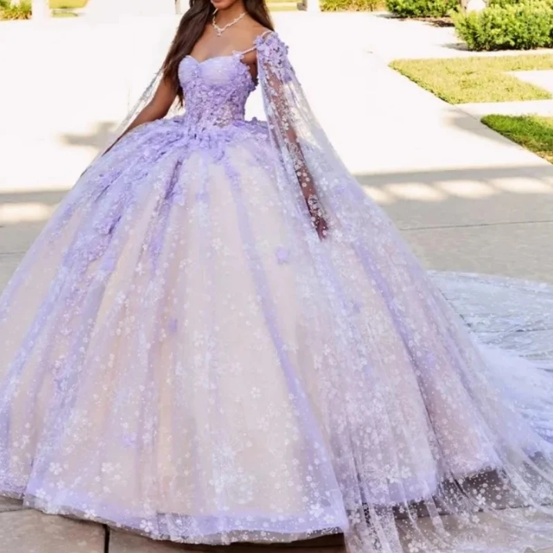 

AQ45 Customized Lilac Princess Girl Quinceanera Dresses With Cape Flower Applique Corset Ball Gown Women Prom Party Dress 15 16