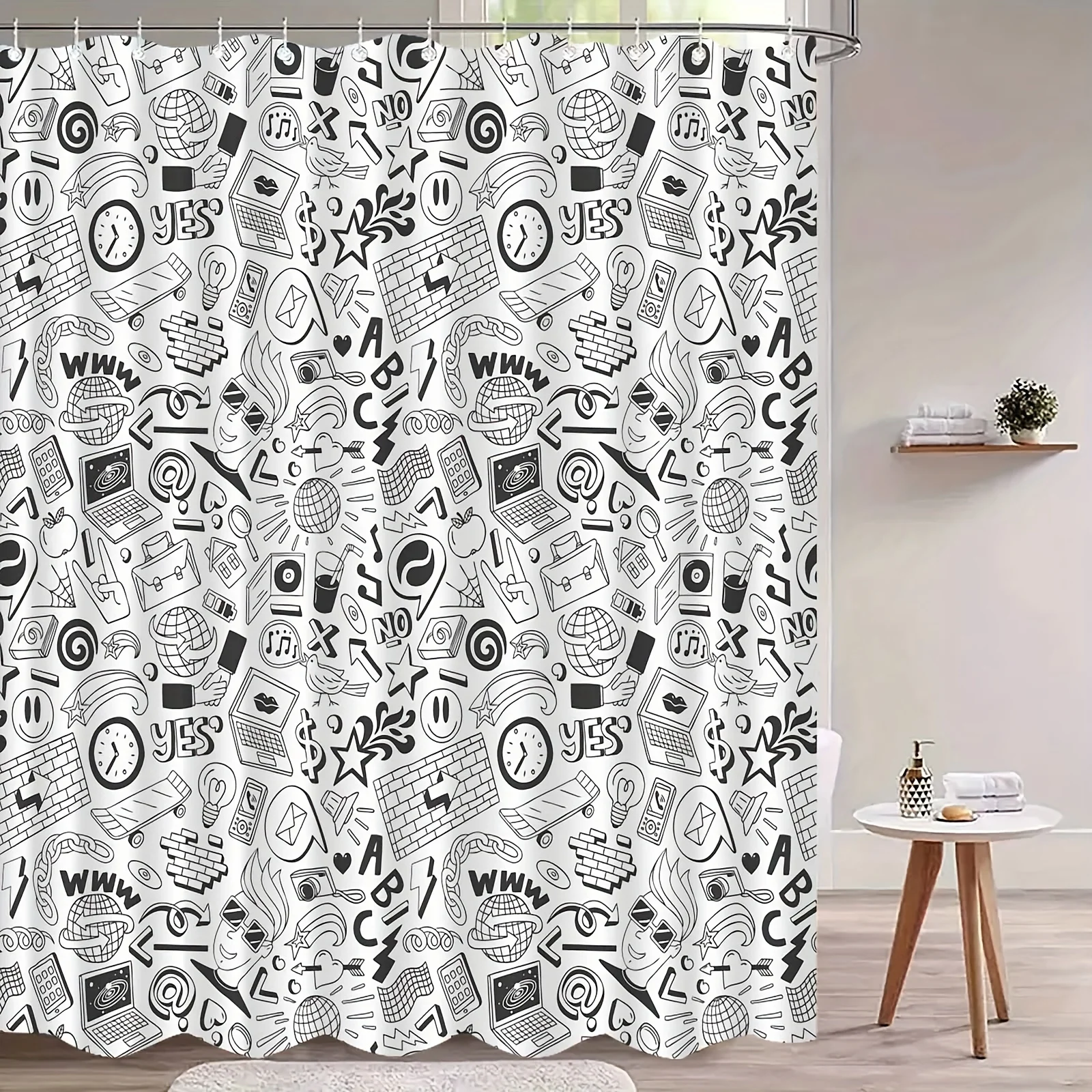 JIT1pcs Creative Hand Drawn Black and White Graffiti Art Shower Curtain, High-end Elegant and Anti Fog Bathroom Curtain, Multifu