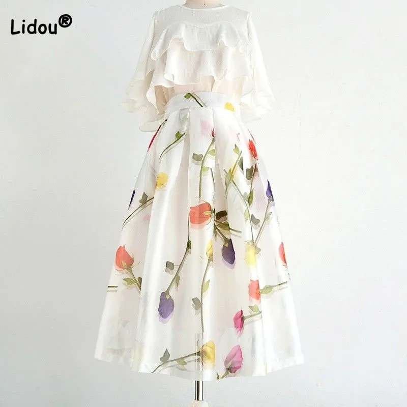 Fashion Elegant Women High Waist Ball Gown Skirt Casual Summer Korean Loose A-Line Floral Printed Skirt Female Clothing New