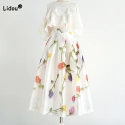 Fashion Elegant Women High Waist Ball Gown Skirt Casual Summer Korean Loose A-Line Floral Printed Skirt Female Clothing New