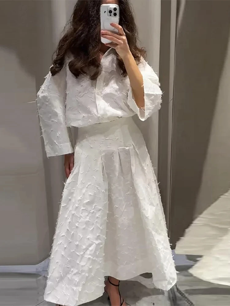 

Elegant Tassel Shirt Skirt Women White Lapel Long Sleeve Button Top A-line Pleated Mid Skirts 2025 Summer 2 Pieces Lady Outfits