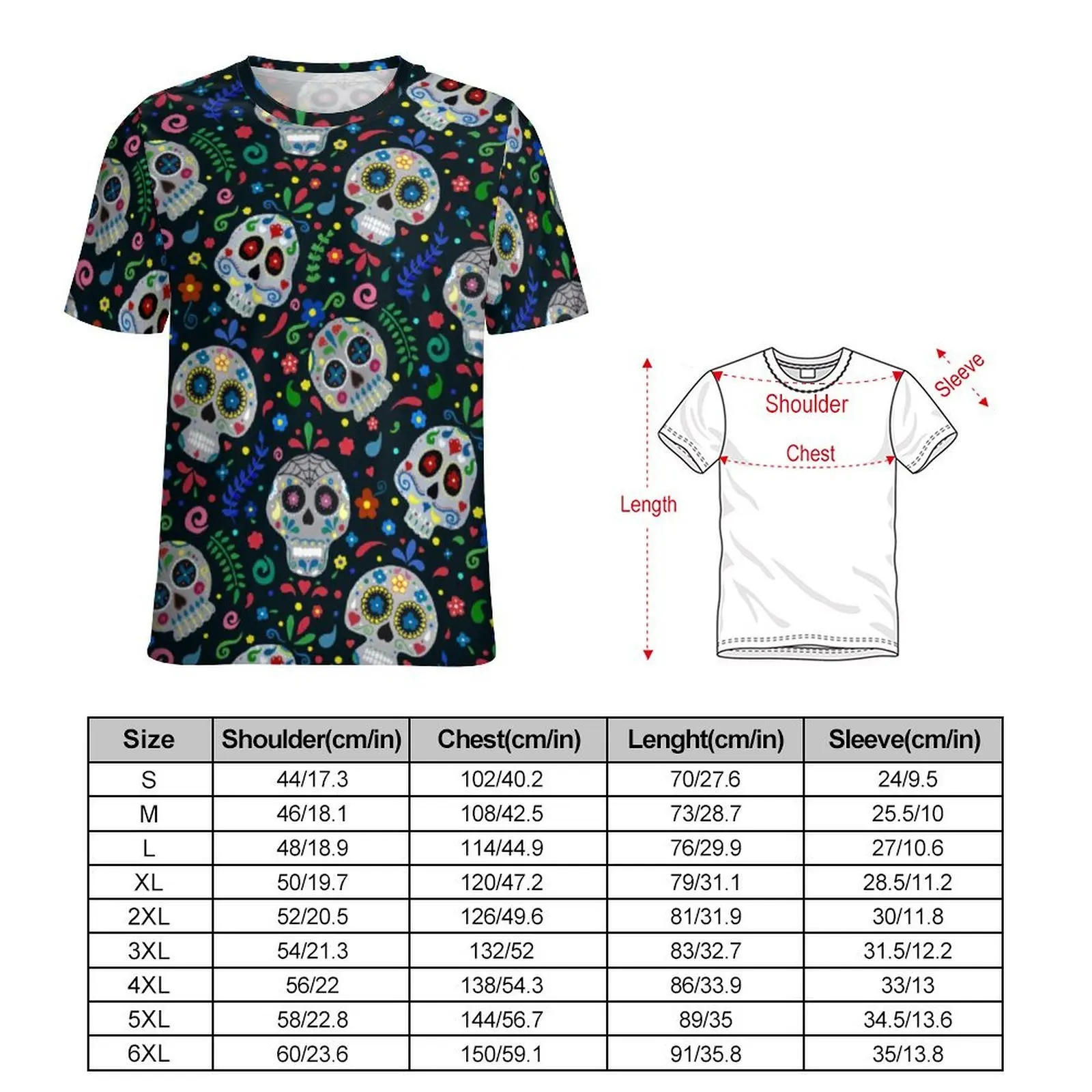 Dia De Los Muertos Sugar Skull T Shirt For Man Floral Print O Neck T Shirts Trendy Tops Short Sleeve Casual Oversized Tee Shirt