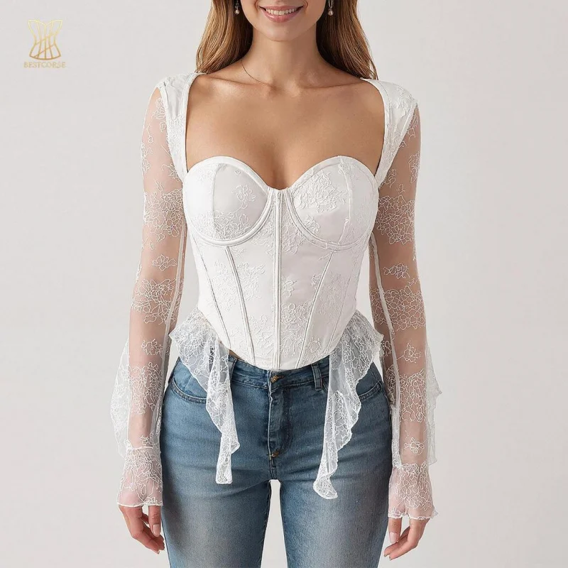 

French lace White corset top with long sleeves Crop Tops Women Clothing trendy dressy for date Vacation korset Bustier With Bra
