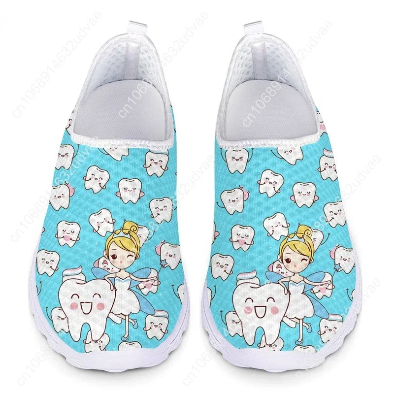 Women Mesh Slip on Shoes Breathable Sport Sneaker for Ladies Dental Tooth Print Cute Girl Walking Shoes