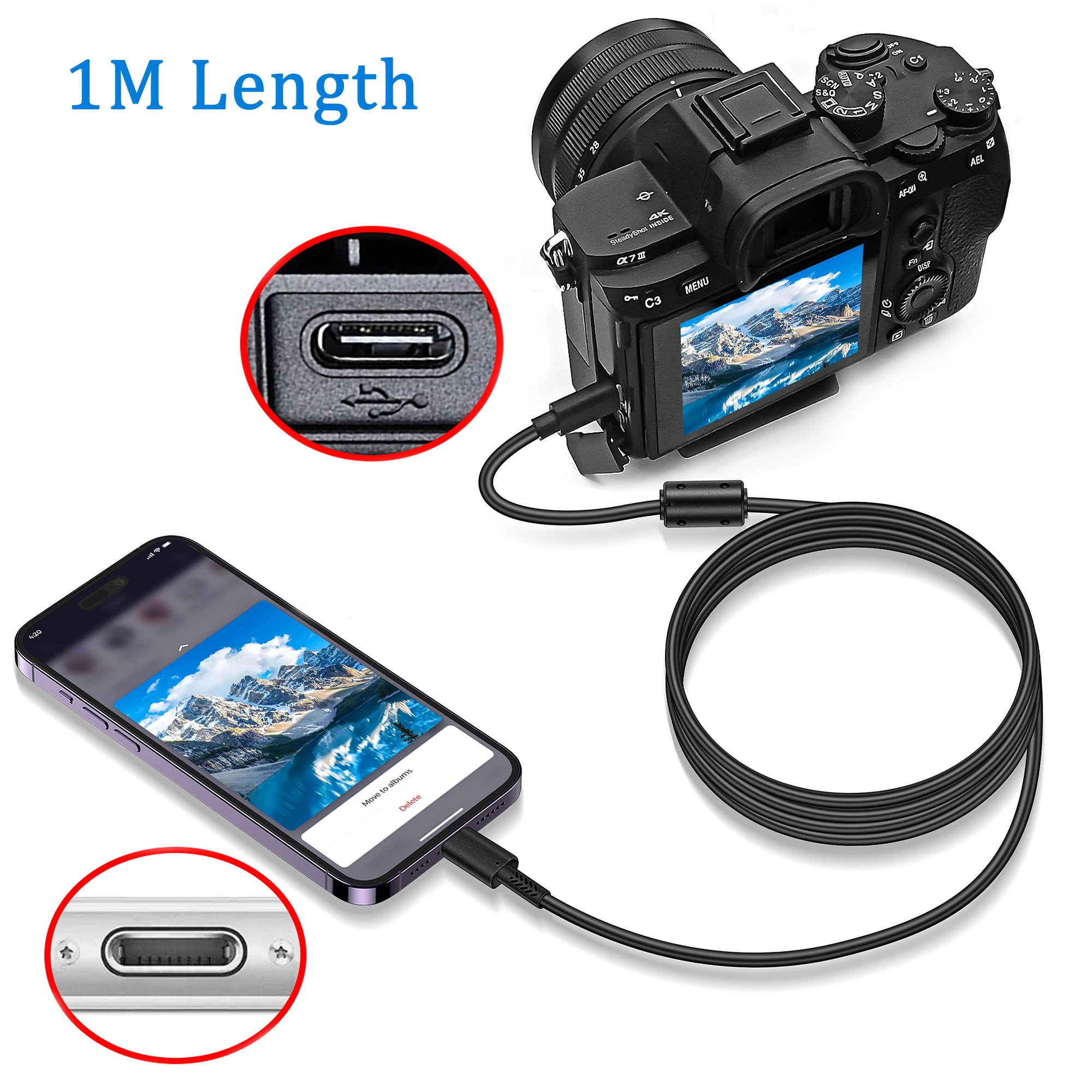 TypeC Port Camera to iphone OTG cable for iphone 14,13,12,11,8,7,6,XS,Sony A7R3 A7R4 ZV-E10 A7S3 A7M3, Canon EOS R5 G5X2 M6II R