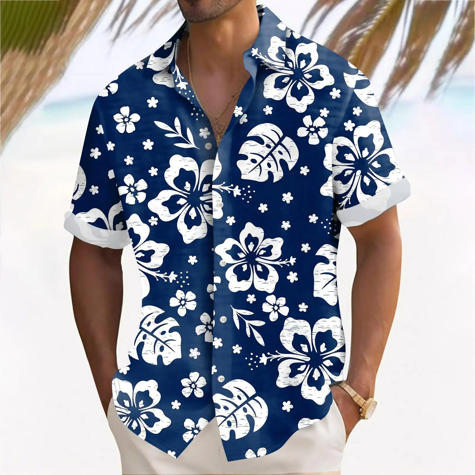 Camisa masculina de manga curta estampada com flores de praia, camisas havaianas casuais, roupas largas, verão, nova, 2024