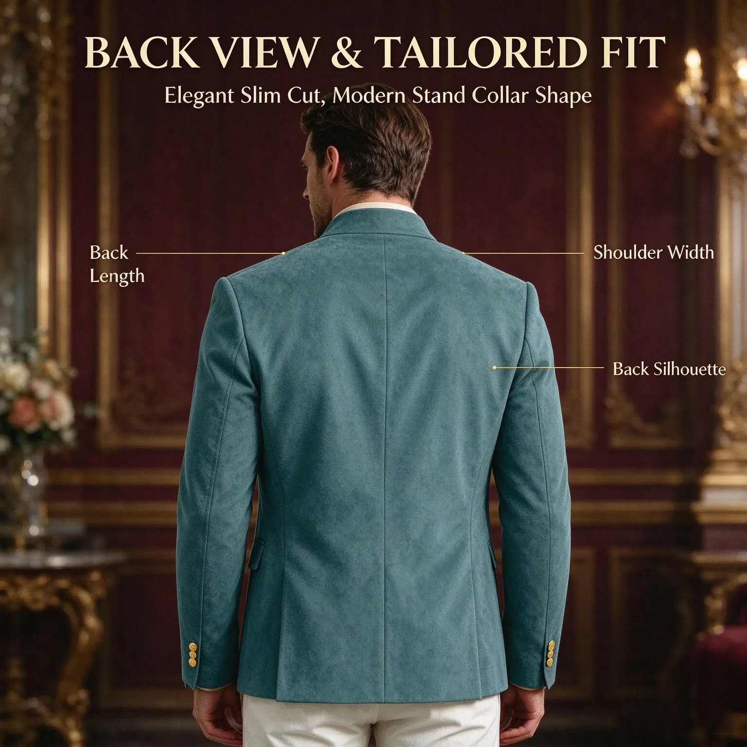 Men's Stand Collar Faux Suede Blazer Gold Button Slim Suit Jacket Autumn Winter Party Wedding Dinner Smart Casual Outerwear