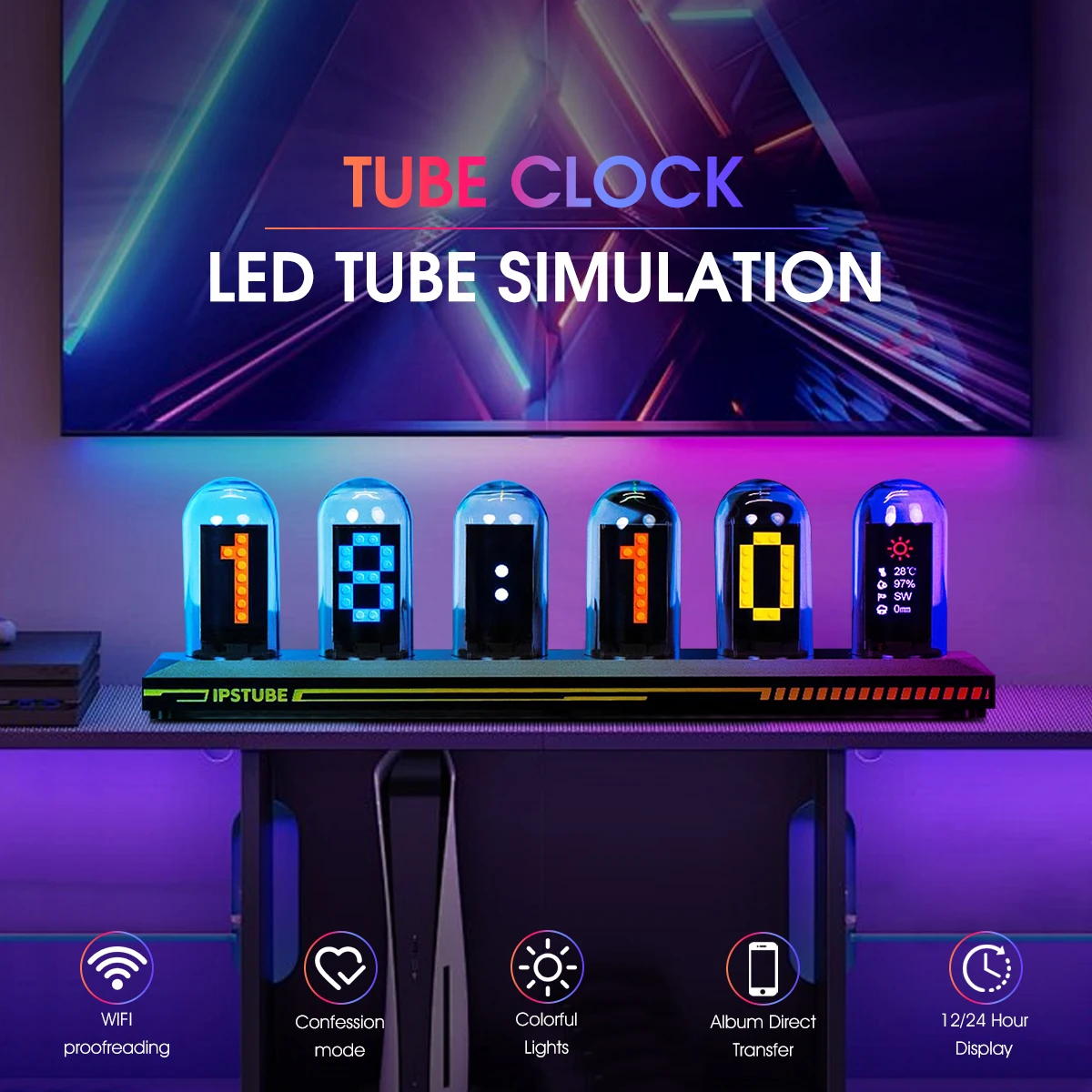 Reloj de Tubos Nixie RGB con Pantalla a Color IPS, Tubo de Neón a Todo Color, Visualización de Hora, Fotos y Clima para Decoración de Escritorio