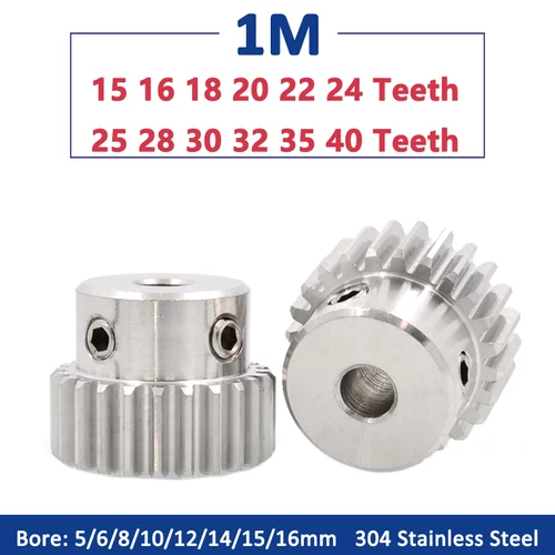 Imagen 1 del producto 1 unidad 15T-40T 1M 304 engranaje recto de acero inoxidable con paso 1 módulo 15 16 18 20 22 24 25 28 30 32 35 40 dientes diámetro del engranaje del Motor 5-16mm
