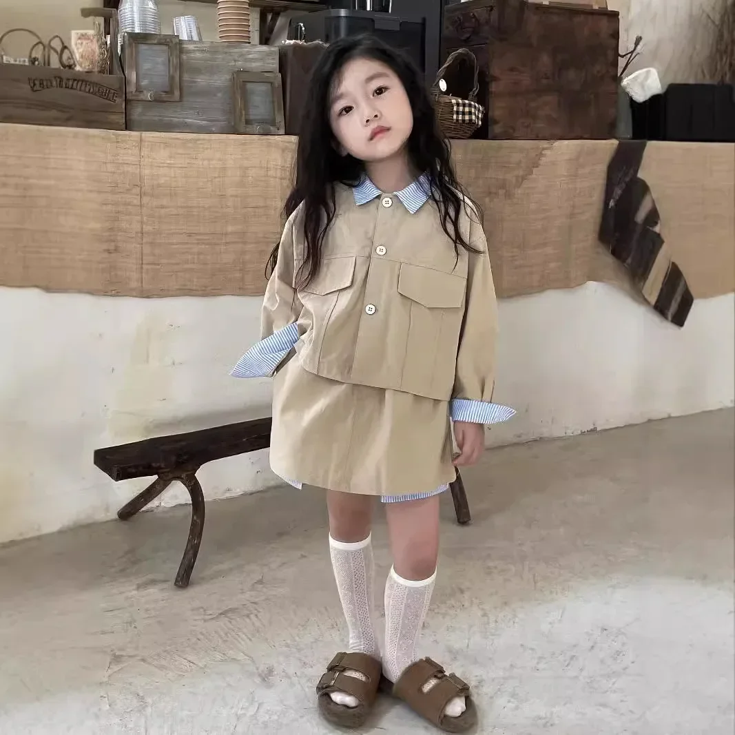 Girls Suit 2024 Autumn New Childrens Wear Korean Style Girl Baby Foreign Style Jacket Half Skirt Two-piece Set Casual Simple