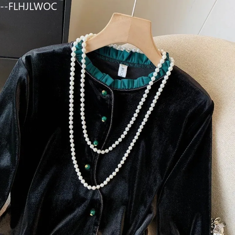 Stile cinese Chi-pao collare Design velluto nero top capodanno 2024 primavera donna data ragazze bottone spacco camicia camicetta Vintage